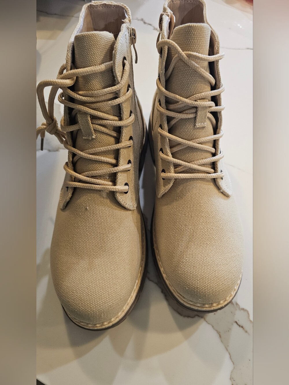 Women's Beige Canvas Lace-Up Boots